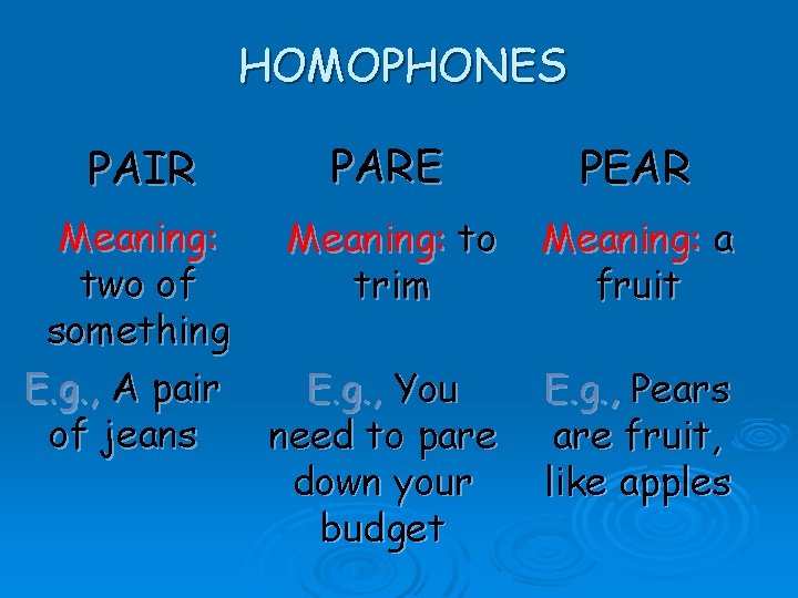 HOMOPHONES PAIR PARE Meaning: to two of trim something E. g. , A pair