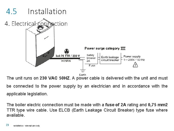 4. 5 Installation 4. Electrical connection The unit runs on 230 VAC 50 HZ.