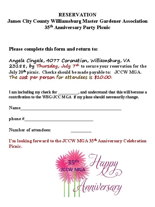 RESERVATION James City County Williamsburg Master Gardener Association 35 th Anniversary Party Picnic Please