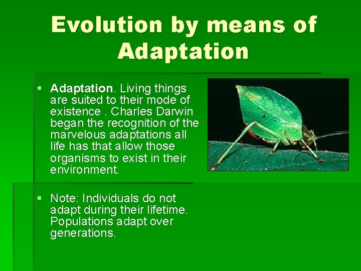 Evolution by means of Adaptation § Adaptation. Living things are suited to their mode