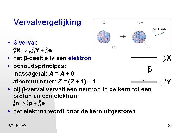 Vervalvergelijking • β-verval: • het β-deeltje is een elektron • behoudsprincipes: β massagetal: A