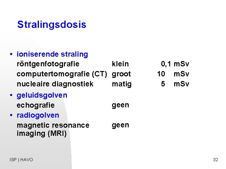 Stralingsdosis • ioniserende straling klein röntgenfotografie computertomografie (CT) groot nucleaire diagnostiek matig • geluidsgolven