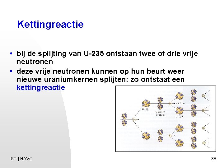 Kettingreactie • bij de splijting van U-235 ontstaan twee of drie vrije neutronen •