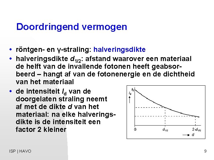 Doordringend vermogen • röntgen- en γ-straling: halveringsdikte • halveringsdikte d 1/2: afstand waarover een