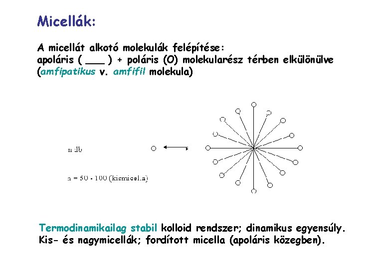 Micellák: A micellát alkotó molekulák felépítése: apoláris ( ___ ) + poláris (O) molekularész