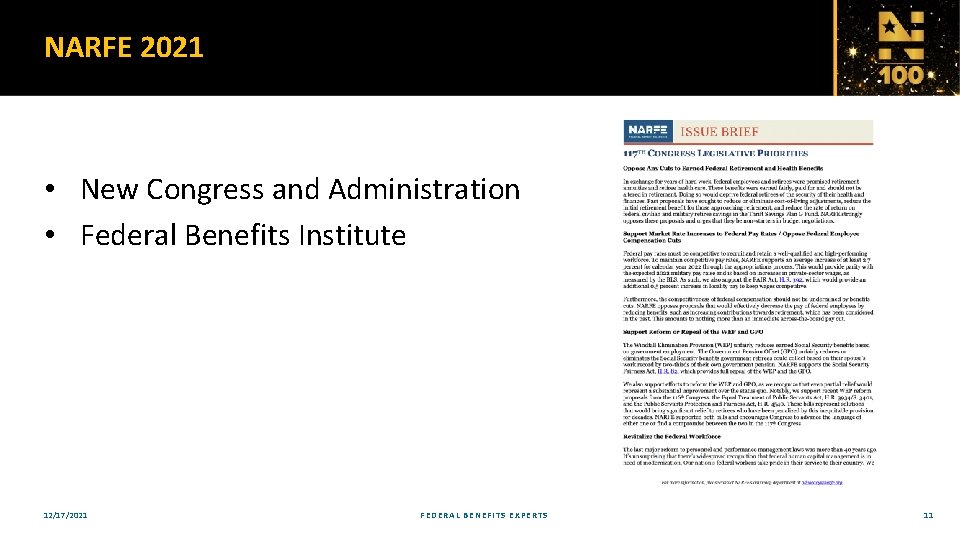 NARFE 2021 • New Congress and Administration • Federal Benefits Institute 12/17/2021 FEDERAL BENEFITS