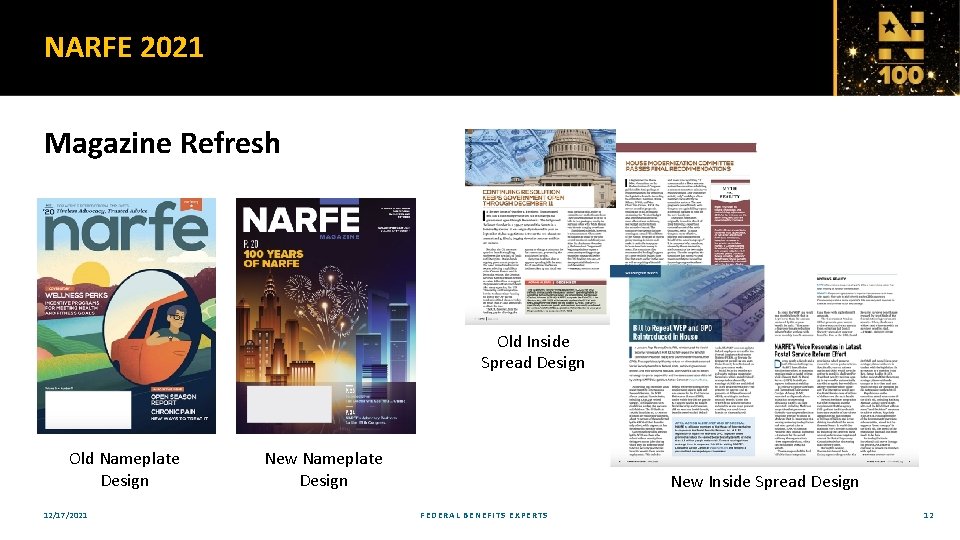 NARFE 2021 Magazine Refresh Old Inside Spread Design Old Nameplate Design 12/17/2021 New Nameplate