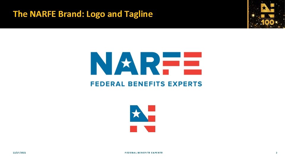 The NARFE Brand: Logo and Tagline 12/17/2021 FEDERAL BENEFITS EXPERTS 2 