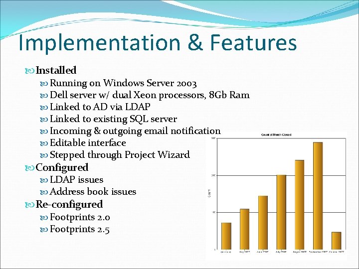Implementation & Features Installed Running on Windows Server 2003 Dell server w/ dual Xeon