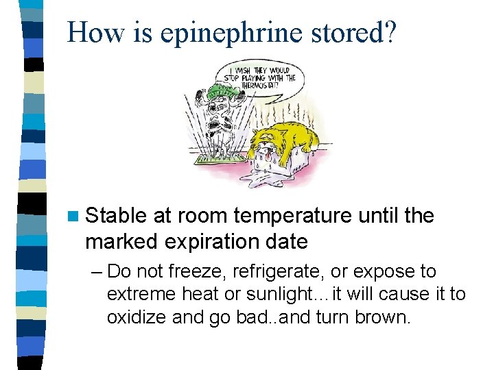 How is epinephrine stored? n Stable at room temperature until the marked expiration date