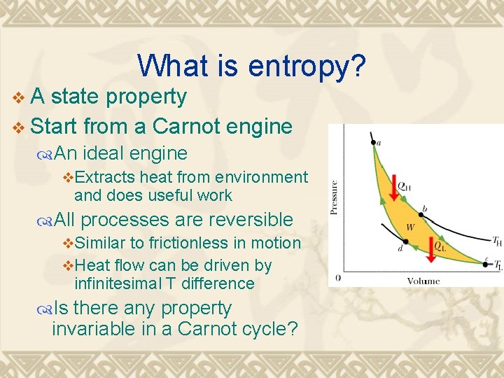 What is entropy? v. A state property v Start from a Carnot engine An