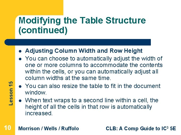 Modifying the Table Structure (continued) l Lesson 15 l 10 l l Adjusting Column