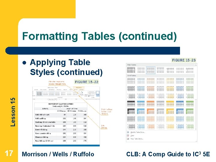 Formatting Tables (continued) Applying Table Styles (continued) Lesson 15 l 17 Morrison / Wells