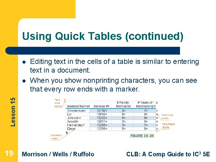 Using Quick Tables (continued) l Lesson 15 l Editing text in the cells of