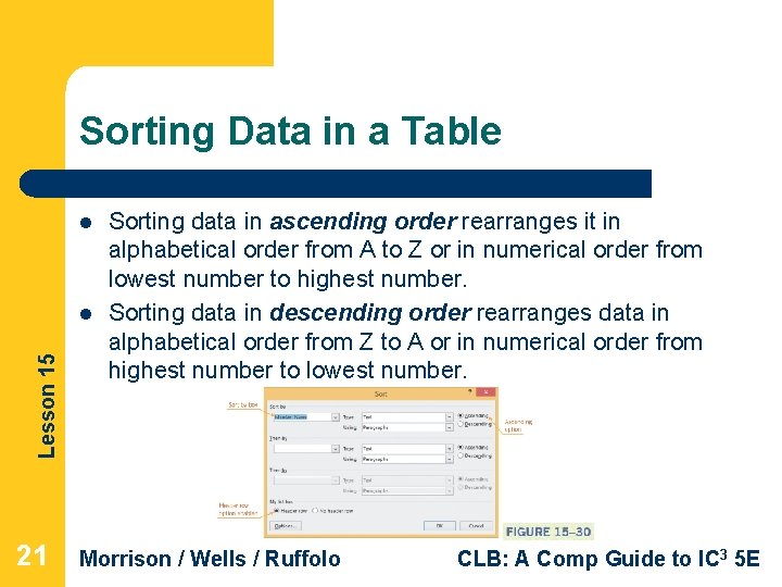 Sorting Data in a Table l Lesson 15 l 21 Sorting data in ascending