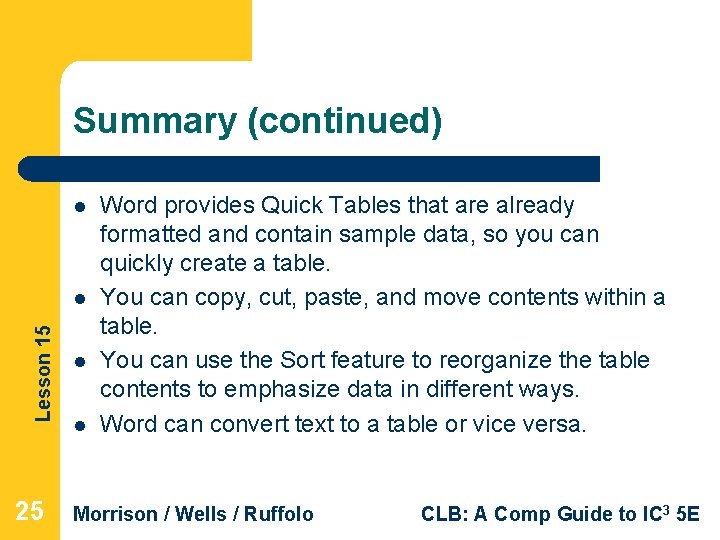 Summary (continued) l Lesson 15 l 25 l l Word provides Quick Tables that