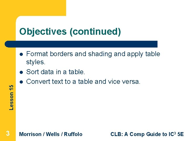 Objectives (continued) l Lesson 15 l 3 l Format borders and shading and apply