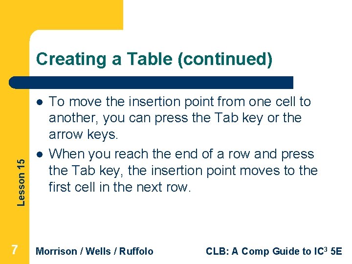 Creating a Table (continued) Lesson 15 l 7 l To move the insertion point