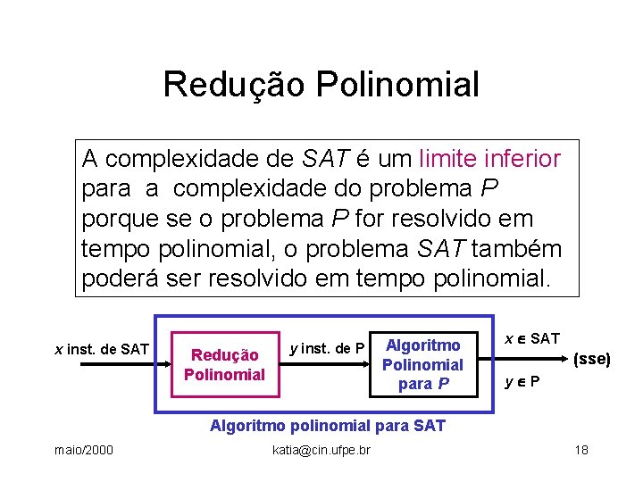 Redução Polinomial A complexidade de SAT é um limite inferior para a complexidade do
