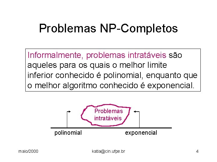 Problemas NP-Completos Informalmente, problemas intratáveis são aqueles para os quais o melhor limite inferior