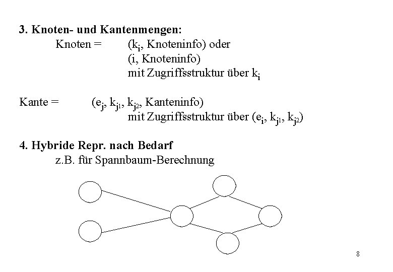 3. Knoten- und Kantenmengen: Knoten = (ki, Knoteninfo) oder (i, Knoteninfo) mit Zugriffsstruktur über