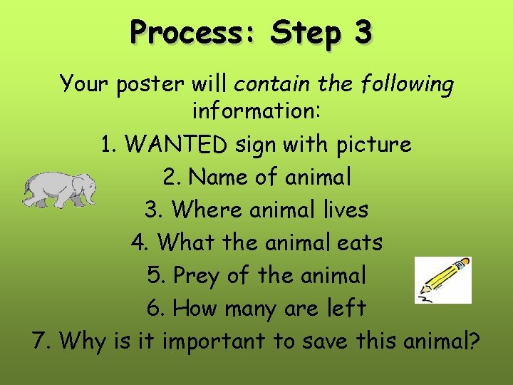Process: Step 3 Your poster will contain the following information: 1. WANTED sign with