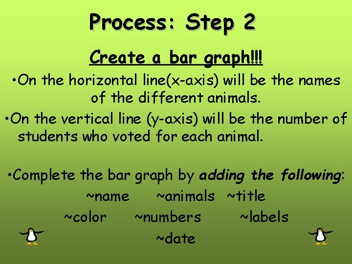 Process: Step 2 Create a bar graph!!! • On the horizontal line(x-axis) will be