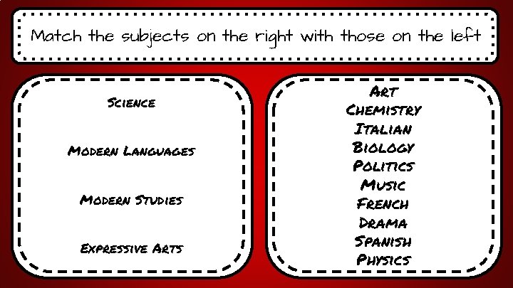 Match the subjects on the right with those on the left Science Modern Languages