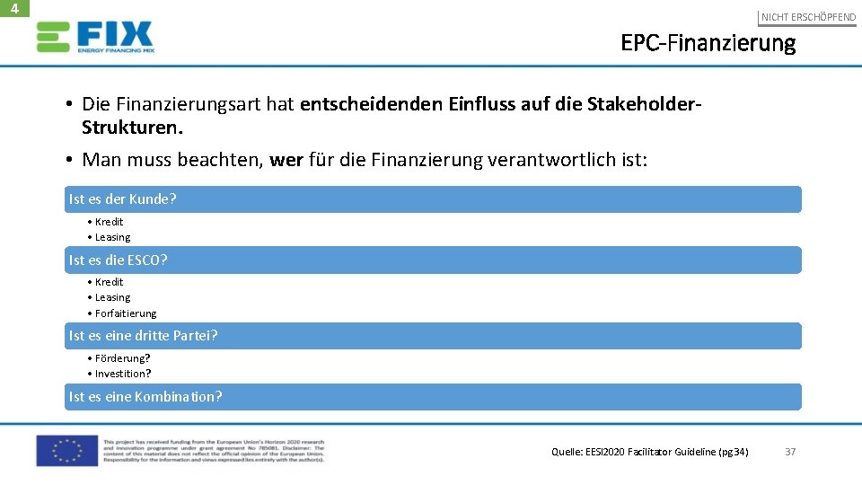 4 NICHT ERSCHÖPFEND EPC-Finanzierung • Die Finanzierungsart hat entscheidenden Einfluss auf die Stakeholder. Strukturen.