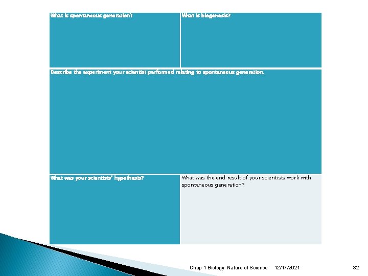 What is spontaneous generation? What is biogenesis? Describe the experiment your scientist performed relating