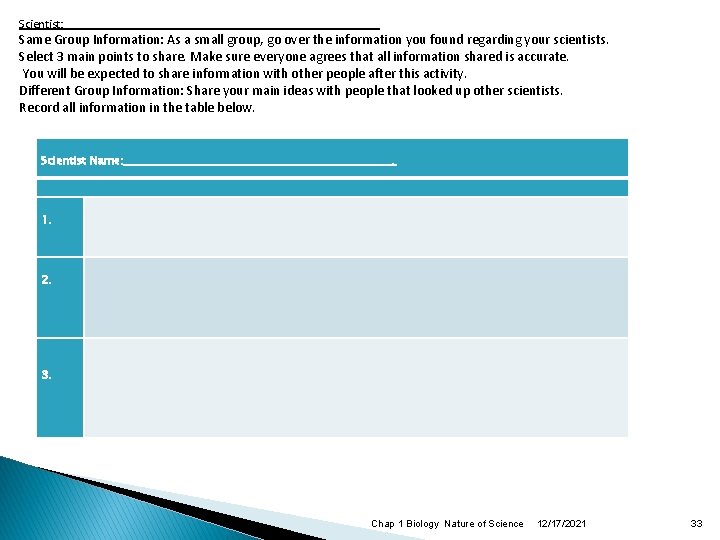 Scientist: Same Group Information: As a small group, go over the information you found