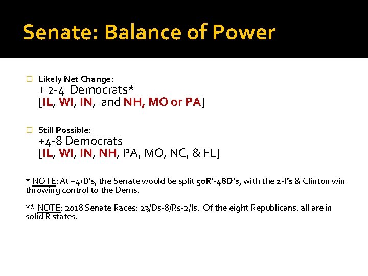 Senate: Balance of Power � Likely Net Change: � Still Possible: + 2 -4