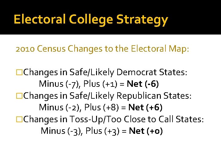 Electoral College Strategy 2010 Census Changes to the Electoral Map: �Changes in Safe/Likely Democrat