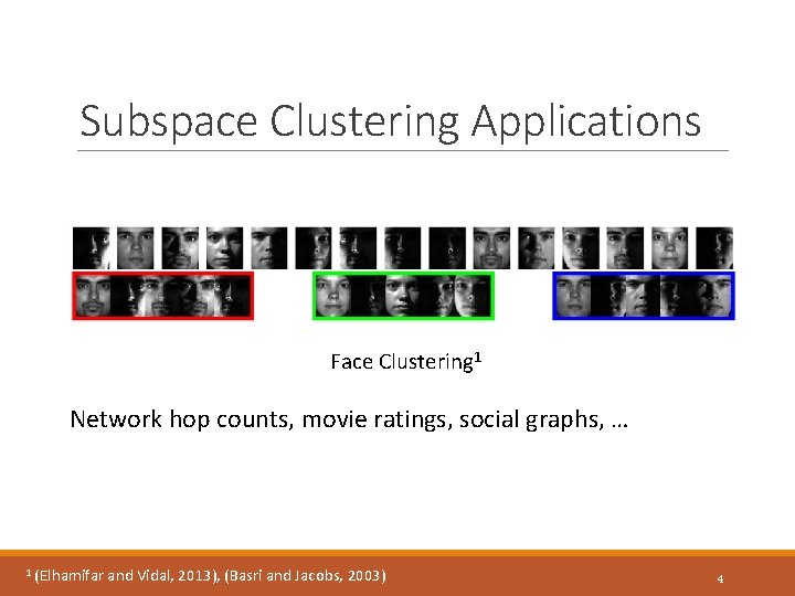 Subspace Clustering Applications Face Clustering 1 Network hop counts, movie ratings, social graphs, …