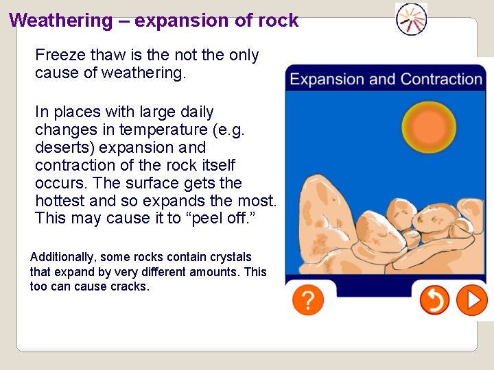 Weathering – expansion of rock Freeze thaw is the not the only cause of