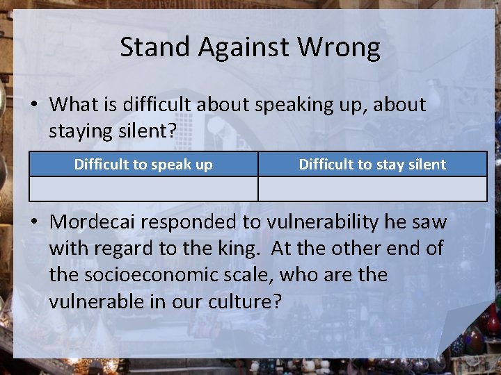 Stand Against Wrong • What is difficult about speaking up, about staying silent? •