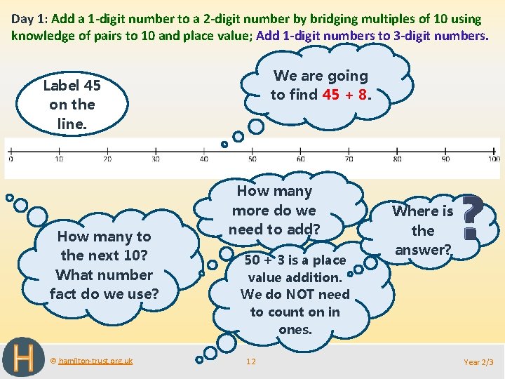 Day 1: Add a 1 -digit number to a 2 -digit number by bridging