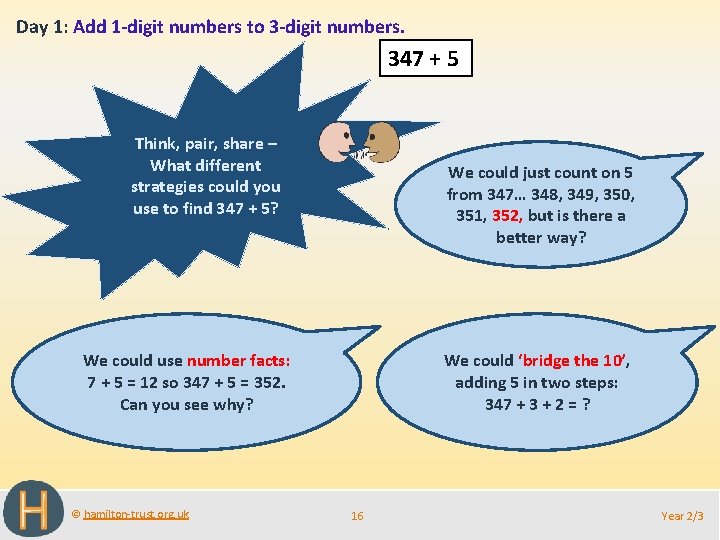 Day 1: Add 1 -digit numbers to 3 -digit numbers. 347 + 5 Think,