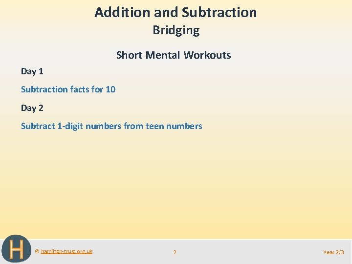 Addition and Subtraction Bridging Short Mental Workouts Day 1 Subtraction facts for 10 Day