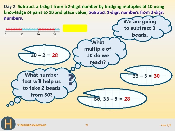 Day 2: Subtract a 1 -digit from a 2 -digit number by bridging multiples