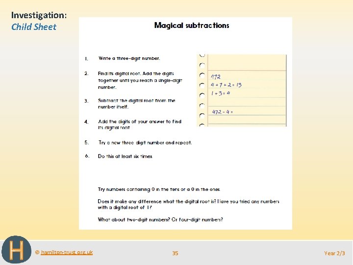 Investigation: Child Sheet © hamilton-trust. org. uk 35 Year 2/3 