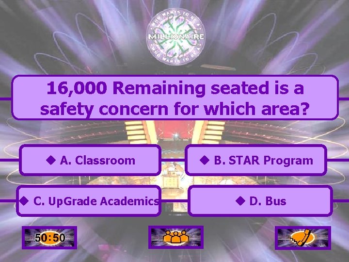 16, 000 Remaining seated is a safety concern for which area? u A. Classroom