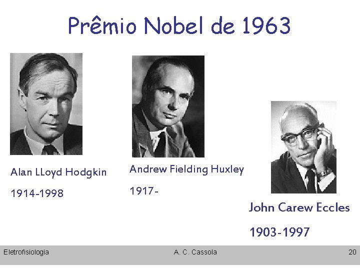 Prêmio Nobel de 1963 Alan LLoyd Hodgkin Andrew Fielding Huxley 1914 -1998 1917 -