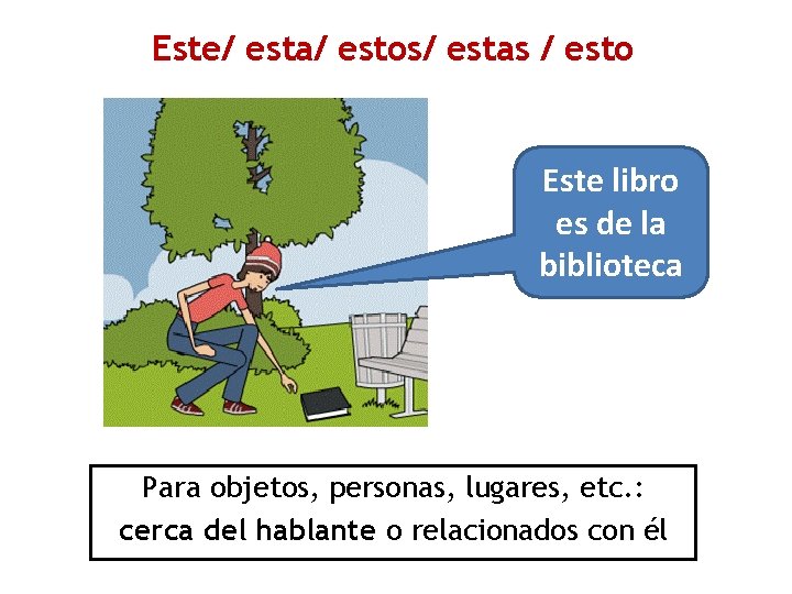 Este/ esta/ estos/ estas / esto Este libro es de la biblioteca Para objetos, Este/ esta/ estos/ estas / esto Este libro es de la biblioteca Para objetos,
