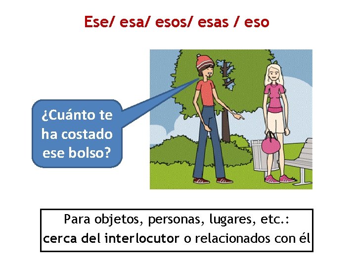 Ese/ esa/ esos/ esas / eso ¿Cuánto te ha costado ese bolso? Para objetos, Ese/ esa/ esos/ esas / eso ¿Cuánto te ha costado ese bolso? Para objetos,