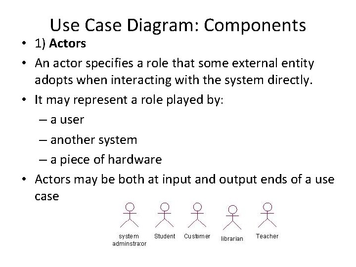 Use Case Diagram: Components • 1) Actors • An actor specifies a role that