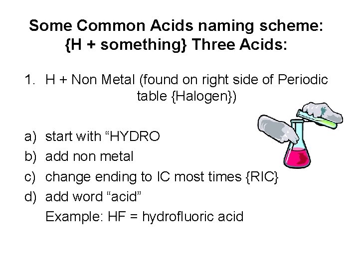 Some Common Acids naming scheme: {H + something} Three Acids: 1. H + Non