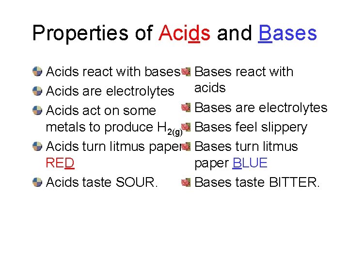 Properties of Acids and Bases Acids react with bases Acids are electrolytes Acids act