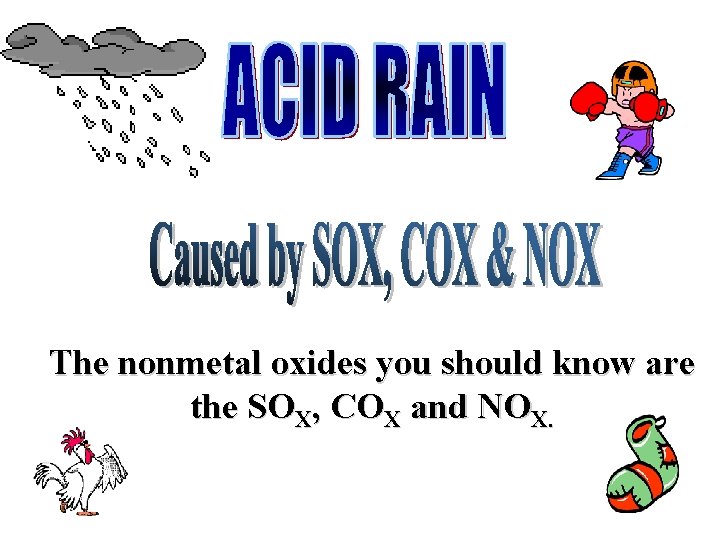 The nonmetal oxides you should know are the SOX, COX and NOX. 