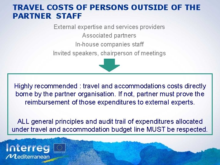 TRAVEL COSTS OF PERSONS OUTSIDE OF THE PARTNER STAFF External expertise and services providers